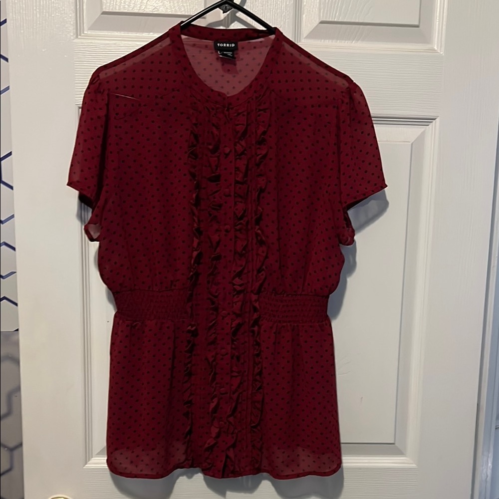 Torrid Red Ruffled Mandarin Collar Blouse Size 1